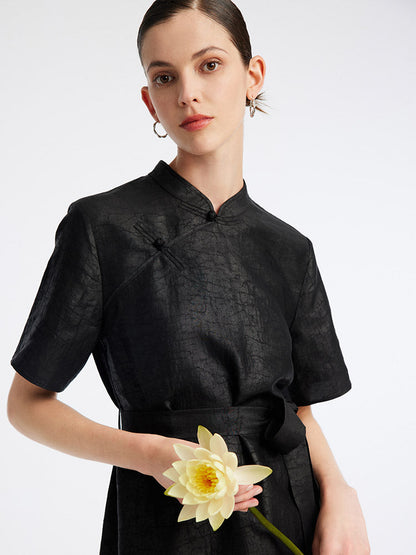 Xiang Yun İpek Mandarin Yaka Cheongsam Qipao Mini Elbise