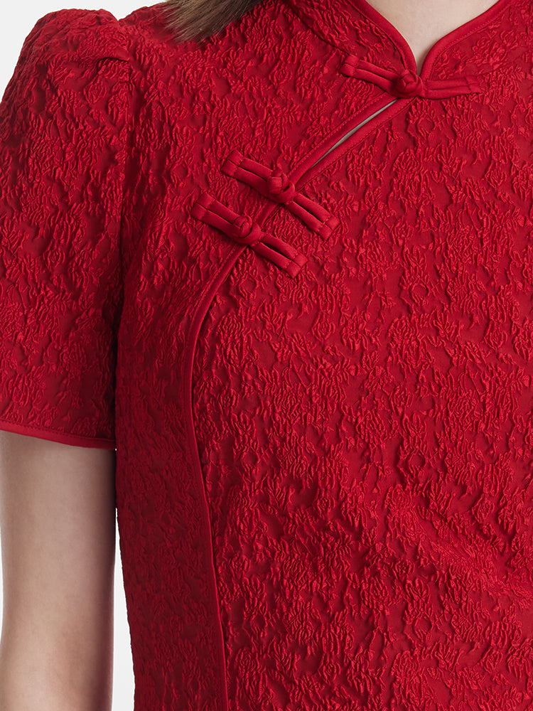 Jakarlı Cheongsam Kadın Qipao Mini Elbise