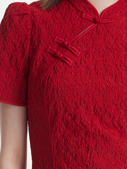 Jakarlı Cheongsam Kadın Qipao Mini Elbise