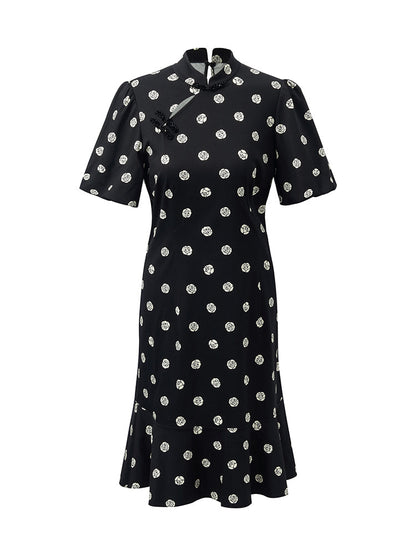 Gül Desenli Puf Kollu Kadın Qipao Mini Elbise