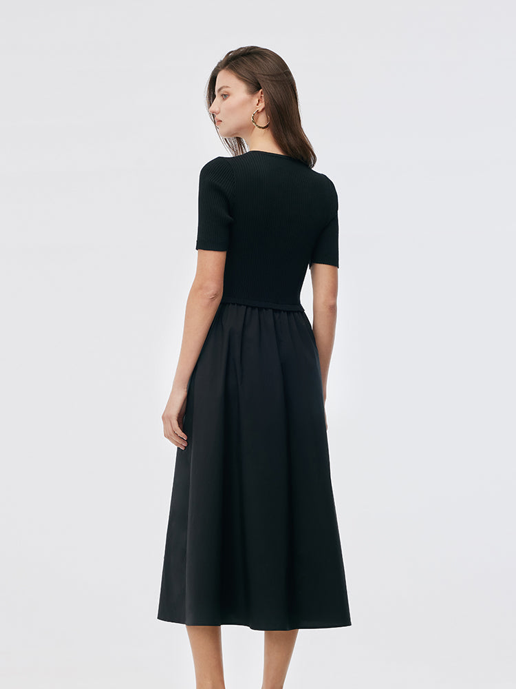 Tencel V Yaka Patchwork Kadın Midi Elbise