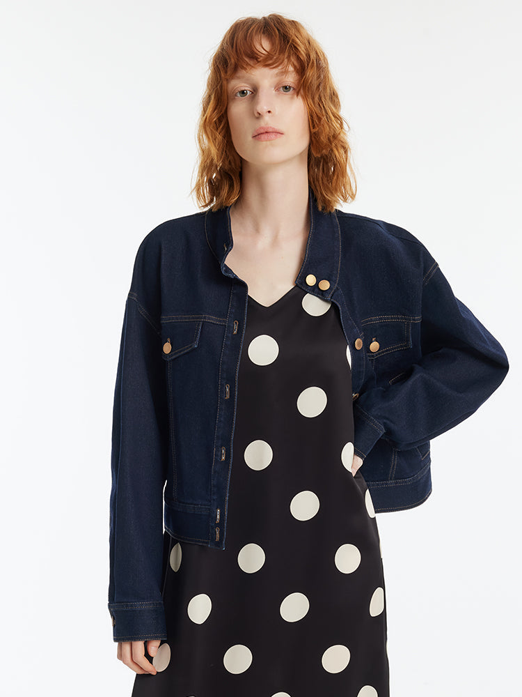 Dik Yaka Denim Kadın Crop Ceket