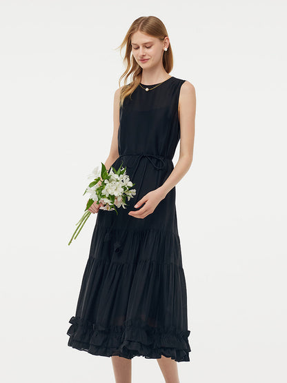 Tencel Kadın Katlı Yelek Midi Elbise Slip Elbise Ve Kemerli