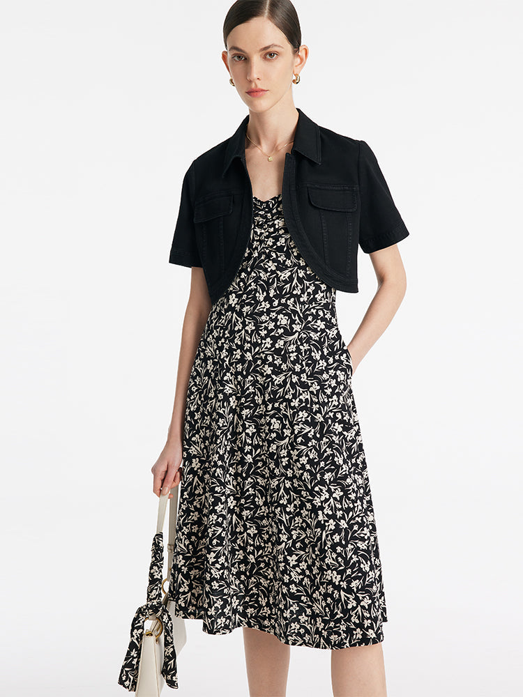 Denim Crop Ceket Ve İris Desenli Spagetti Askılı Midi Elbise İki Parçalı Set