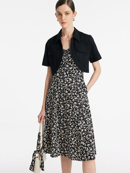 Denim Crop Ceket Ve İris Desenli Spagetti Askılı Midi Elbise İki Parçalı Set