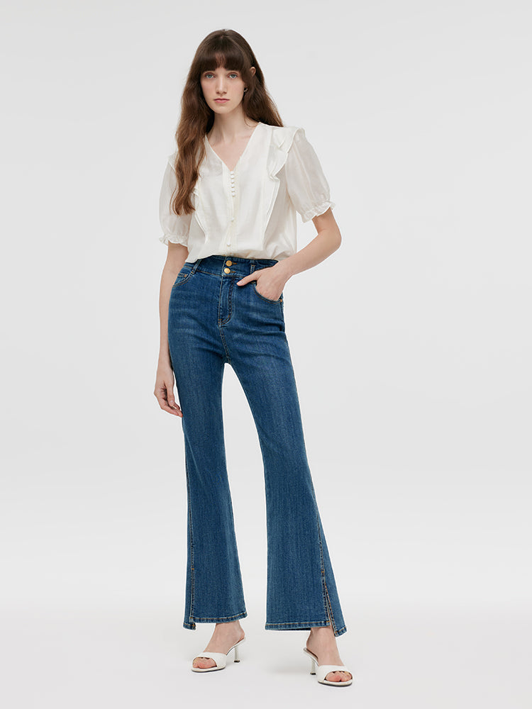 Denim Yapay Elmas Yırtmaçlı Kadın Flared Jeans