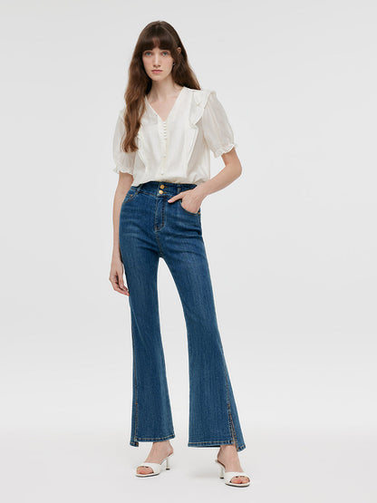 Denim Yapay Elmas Yırtmaçlı Kadın Flared Jeans