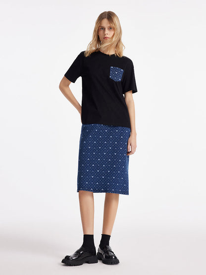 Patchwork Denim Jakarlı Kadın T-Shirt