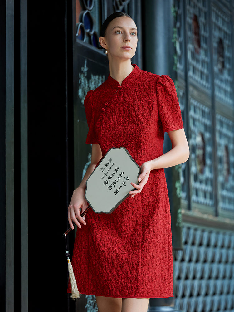 Jakarlı Cheongsam Kadın Qipao Mini Elbise