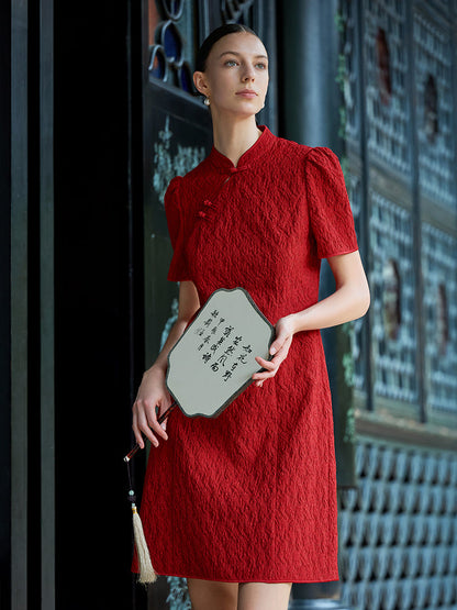 Jakarlı Cheongsam Kadın Qipao Mini Elbise