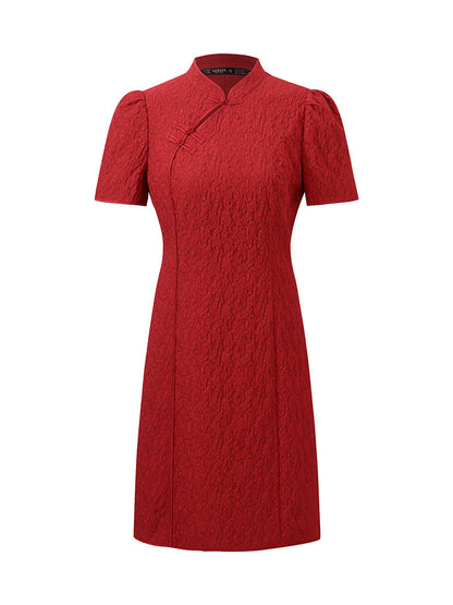 Jakarlı Cheongsam Kadın Qipao Mini Elbise