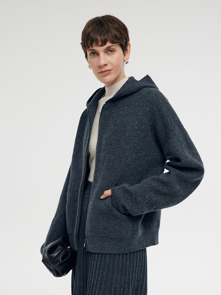 %100 Fırçalanmış Yün Fermuarlı Unisex Kapüşonlu Üst