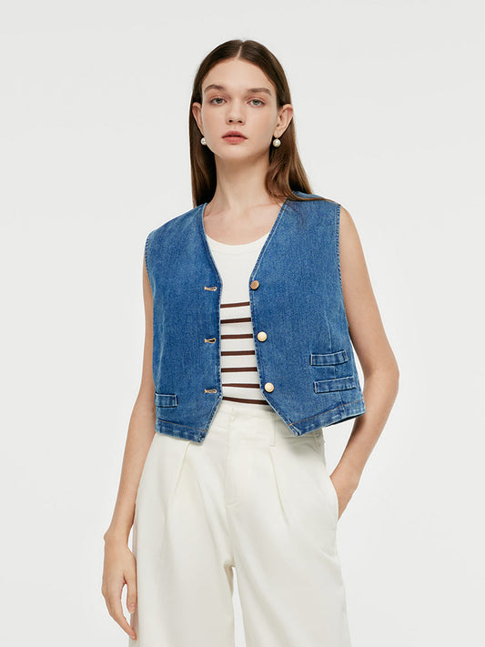 Tek Göğüslü Kadın Denim Crop Yelek