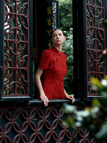 Jakarlı Cheongsam Kadın Qipao Mini Elbise