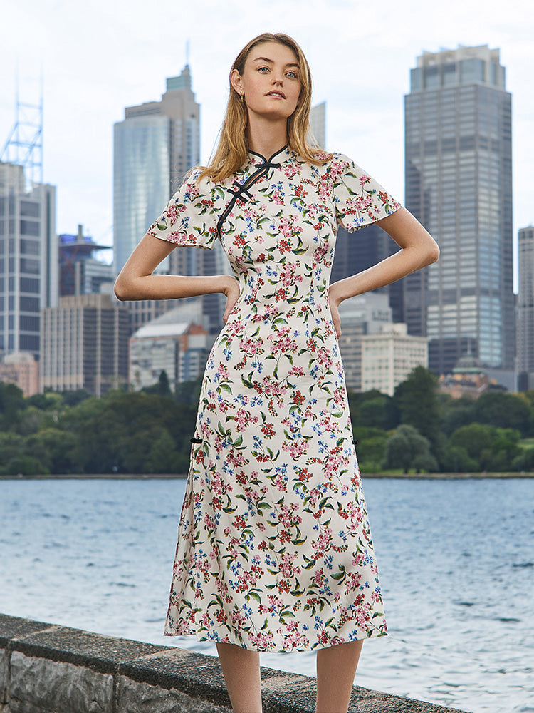 İpek Yırtmaçlı Cheongsam Qipao Midi Elbise