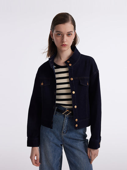 Dik Yaka Denim Kadın Crop Ceket