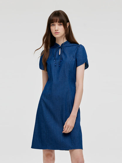 Denim Petal Kollu Kadın Qipao Mini Elbise