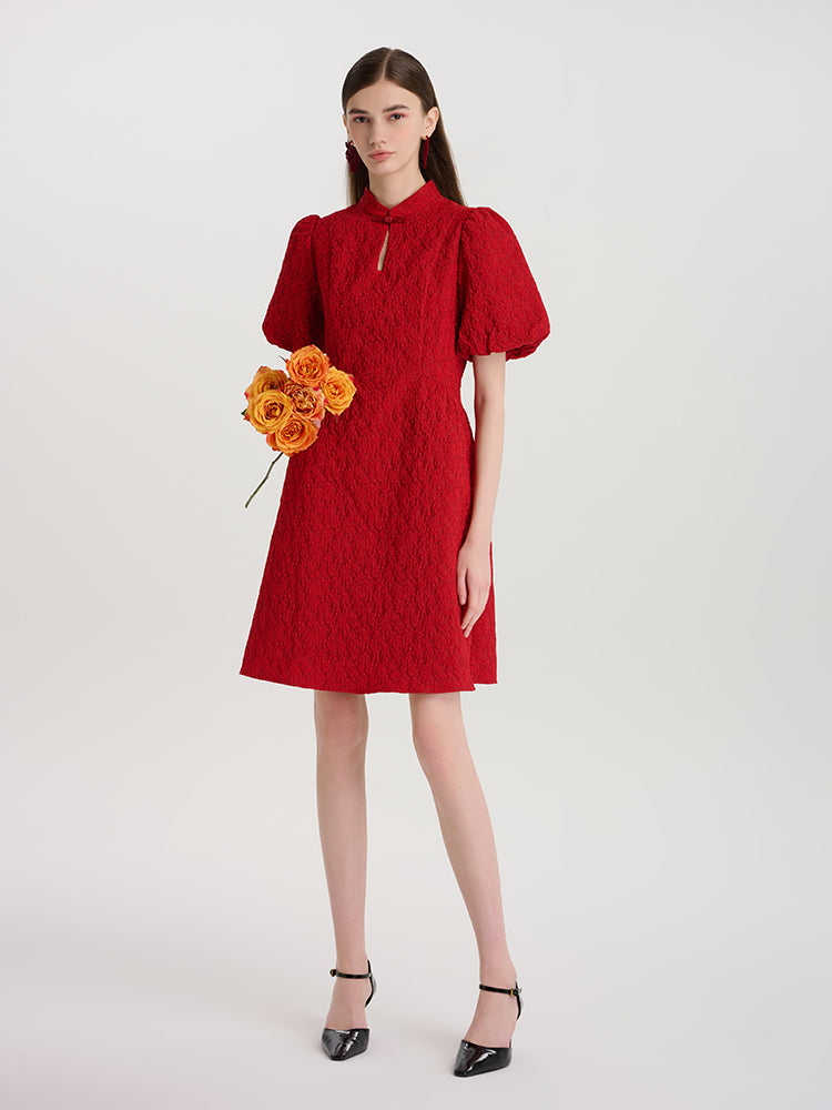 Çiçekli Jakarlı Mandarin Yakalı Kadın Mini Qipao Elbise