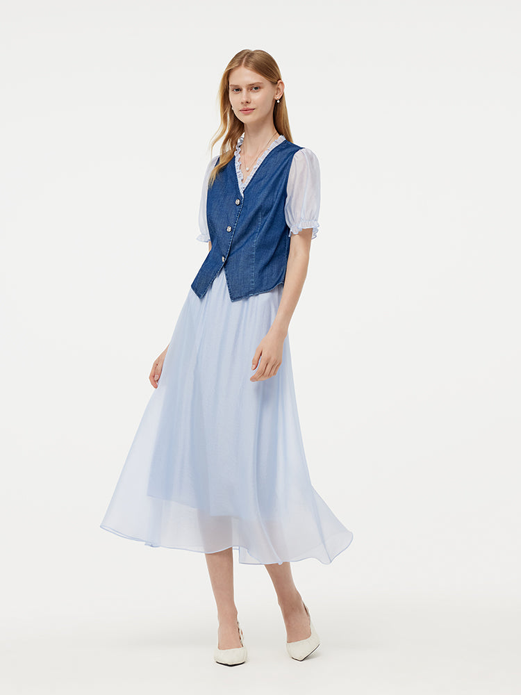 Denim Lyocell Patchwork Crop Ceket Ve Etek İkili Takım