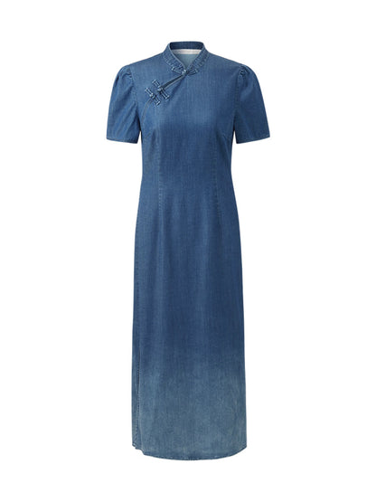 Degrade Denim Kadın Qipao Midi Elbise