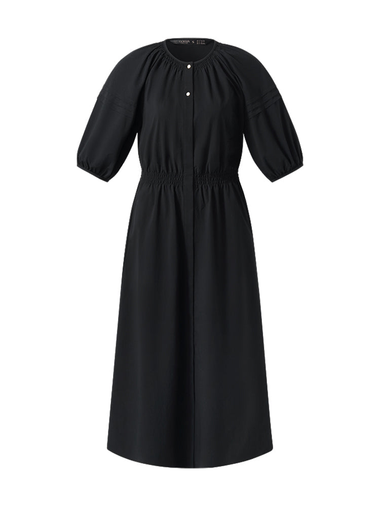 Beli Büzgülü Puf Kol Kadın Maxi Elbise