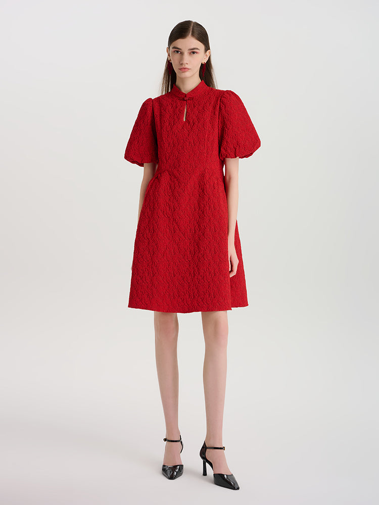 Çiçekli Jakarlı Mandarin Yakalı Kadın Mini Qipao Elbise