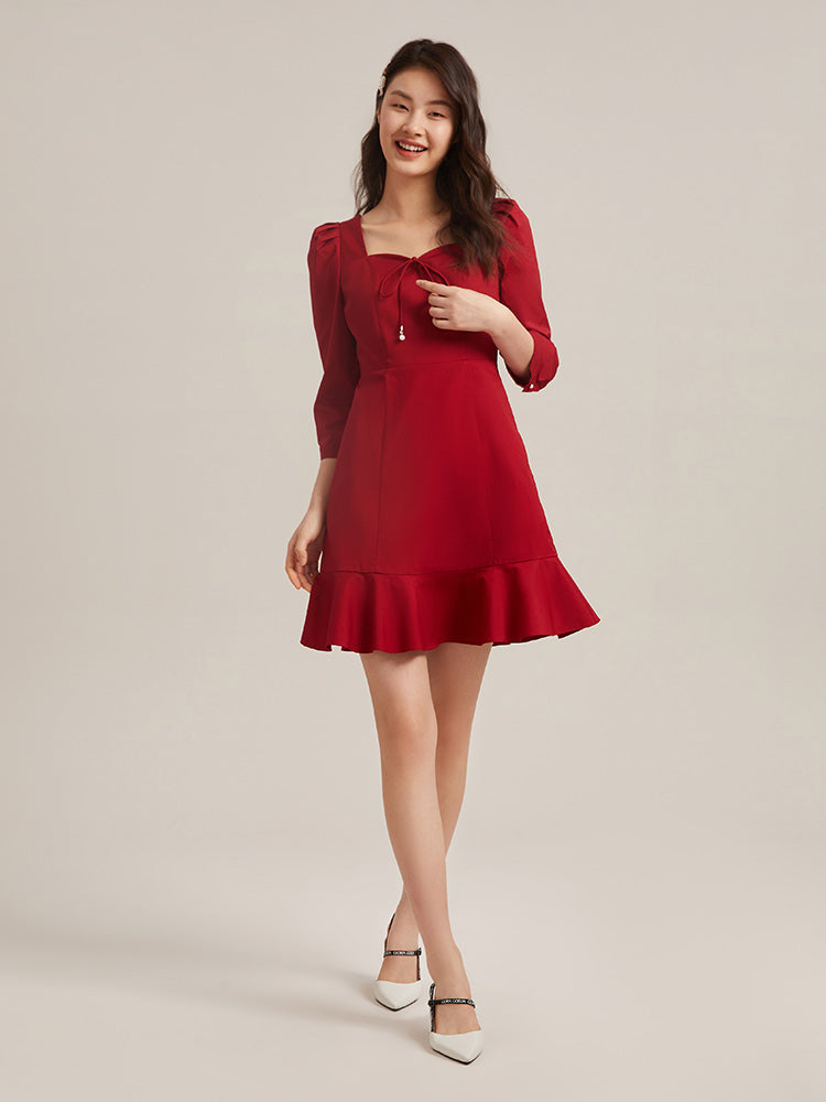 Chili Kırmızı Yarım Kol Mini Elbise