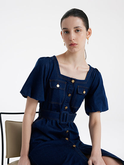 Puf Kollu Kare Yaka Denim Kadın Kemerli Midi Elbise