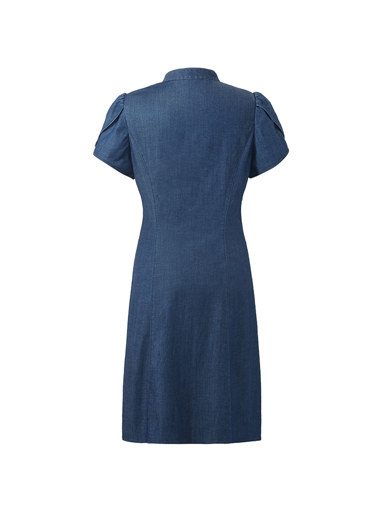 Denim Petal Kollu Kadın Qipao Mini Elbise