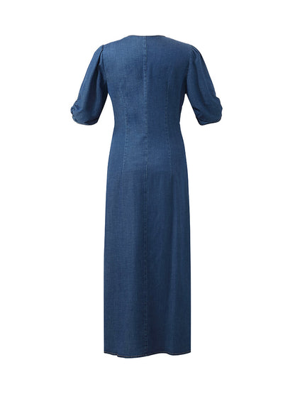 Denim V Yaka Büküm Bel Kadın Midi Elbise