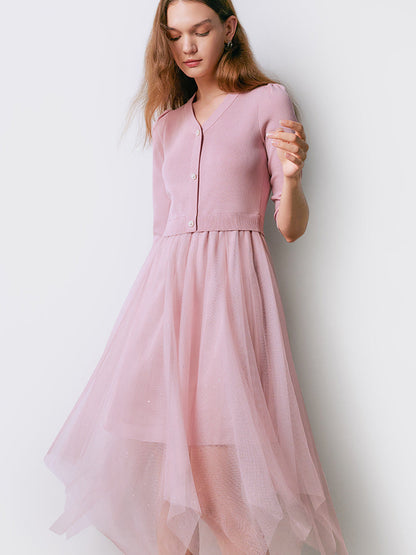 Pembe V Yaka İnce Patchwork Maxi Elbise