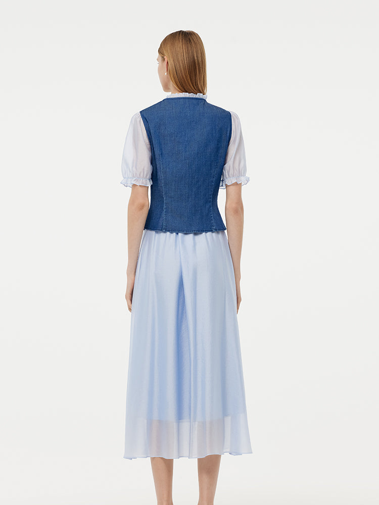 Denim Lyocell Patchwork Crop Ceket Ve Etek İkili Takım