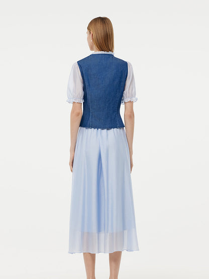Denim Lyocell Patchwork Crop Ceket Ve Etek İkili Takım