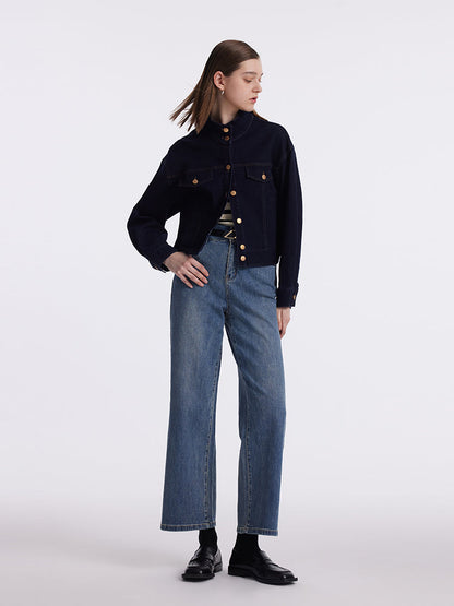 Dik Yaka Denim Kadın Crop Ceket