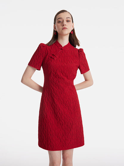 Jakarlı Cheongsam Kadın Qipao Mini Elbise