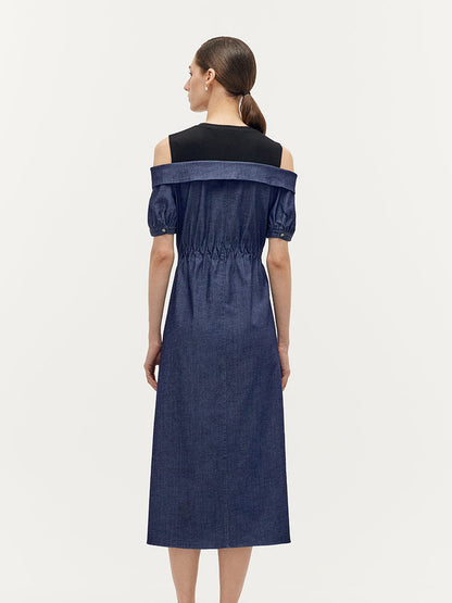 Denim Lyocell Soğuk Omuz Patchwork Kadın Midi Elbise