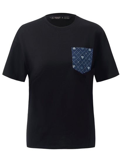Patchwork Denim Jakarlı Kadın T-Shirt