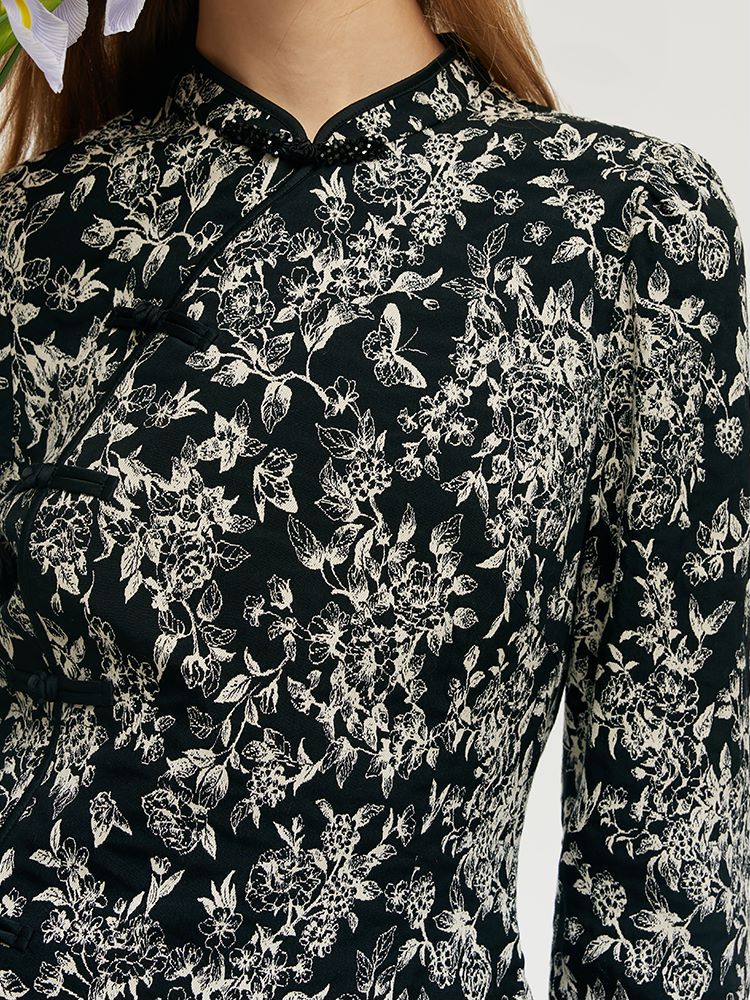 Siyah Beyaz Kelebekler Jakarlı Kadın Qipao Mini Elbise