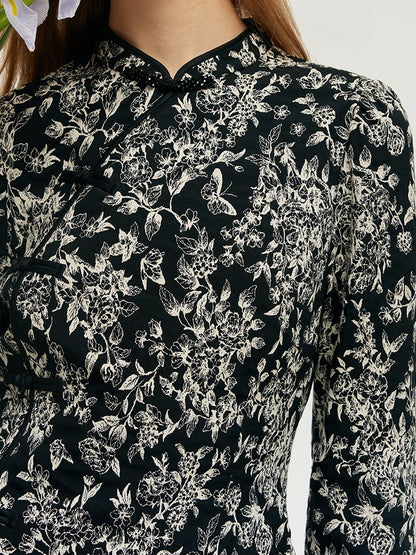Siyah Beyaz Kelebekler Jakarlı Kadın Qipao Mini Elbise