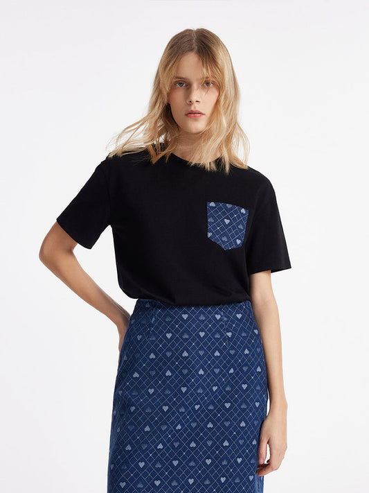 Patchwork Denim Jakarlı Kadın T-Shirt
