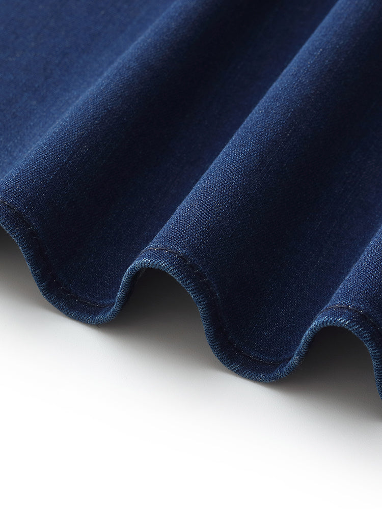 Denim Patchwork Payetler Büzgülü Bel Kadın Midi Elbise