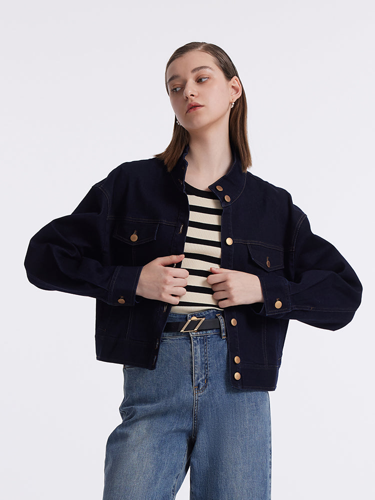 Dik Yaka Denim Kadın Crop Ceket