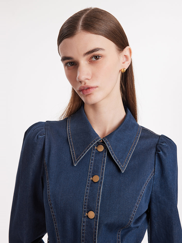 Tek Sıra Düğmeli Kemerli Kadın Midi Denim Elbise