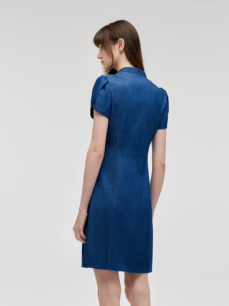 Denim Petal Kollu Kadın Qipao Mini Elbise