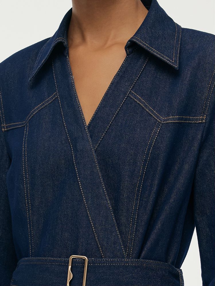Denim Yaka Kadın Midi Elbise Kemerli