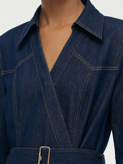 Denim Yaka Kadın Midi Elbise Kemerli