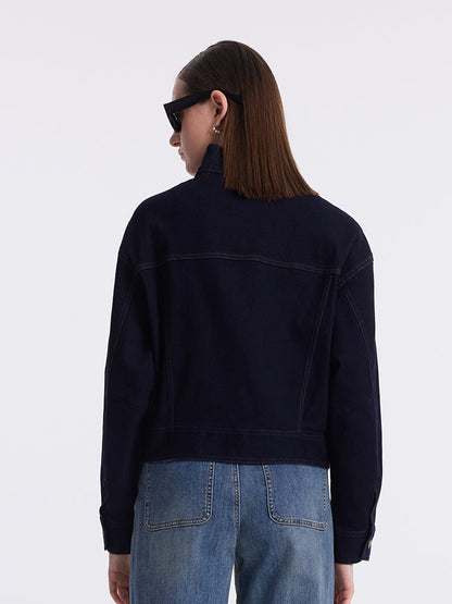 Dik Yaka Denim Kadın Crop Ceket
