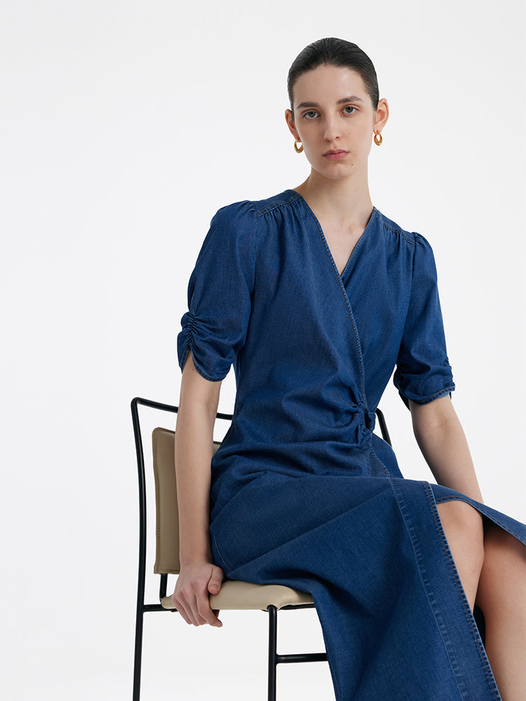 Denim V Yaka Büküm Bel Kadın Midi Elbise