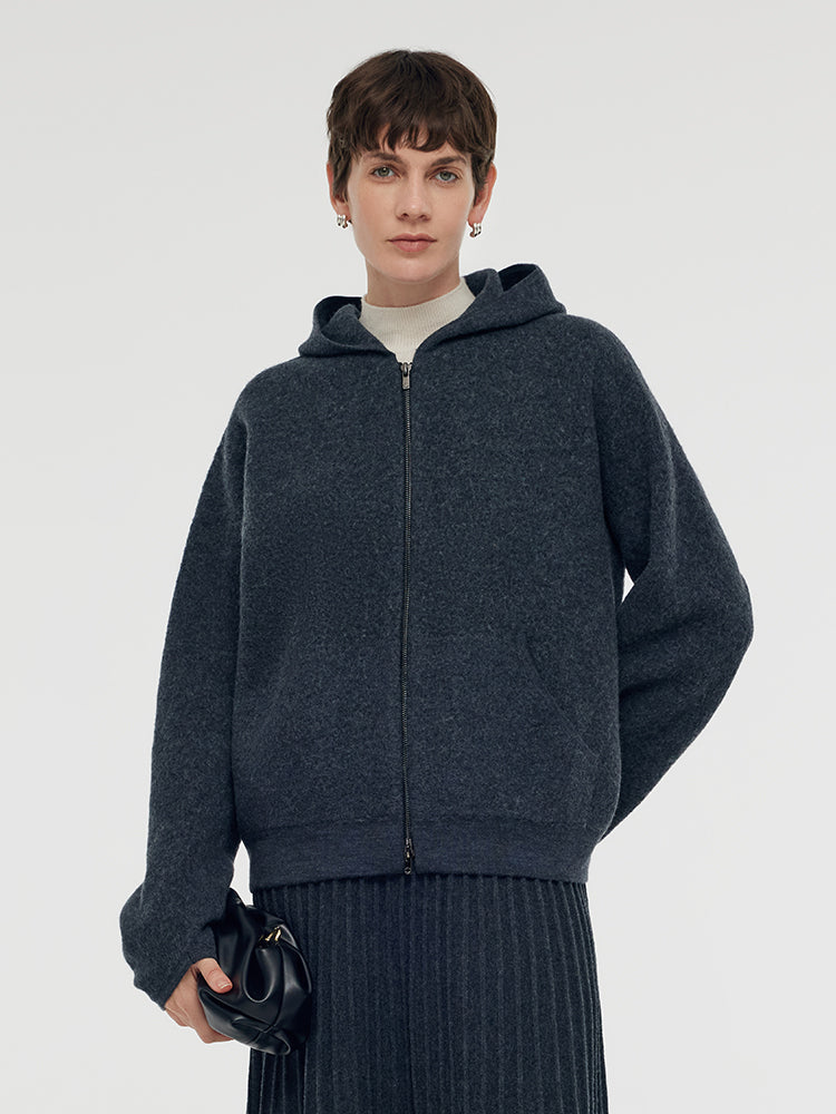 %100 Fırçalanmış Yün Fermuarlı Unisex Kapüşonlu Üst