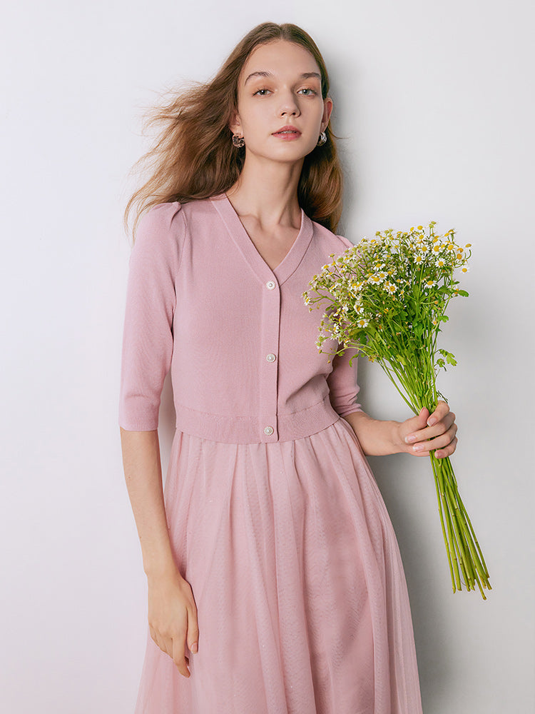 Pembe V Yaka İnce Patchwork Maxi Elbise
